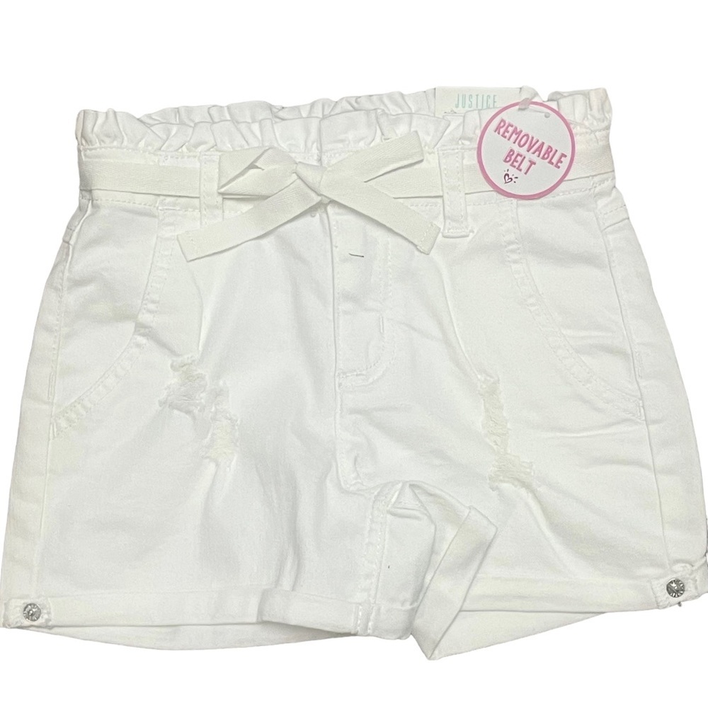 NEW Justice Girls White High Waisted Cuffed Jeans Shorts Size 8 with Belt